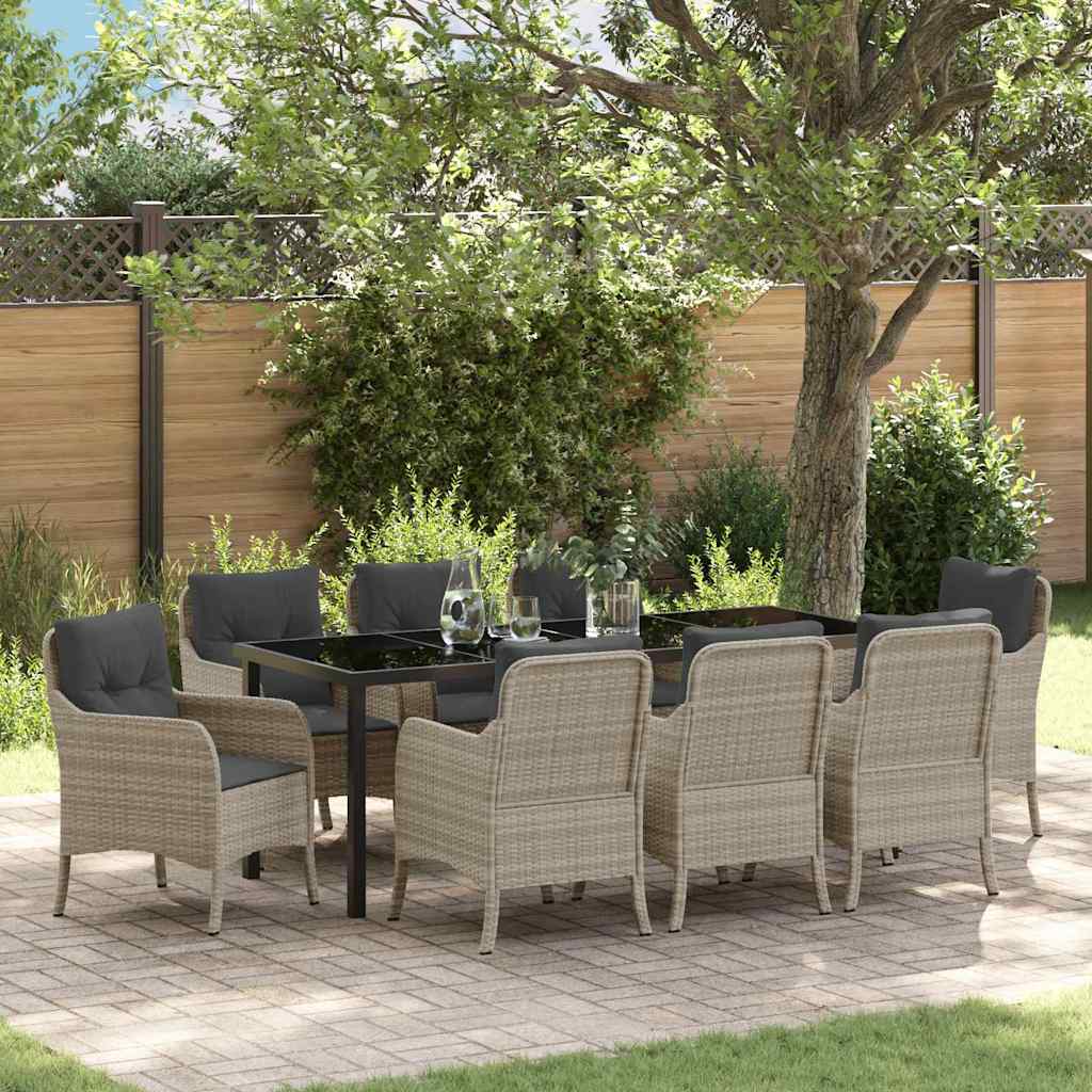 Tuin eettafelset met kussen 9 pcs Lichtgrijs poly rattan – afbeelding 1