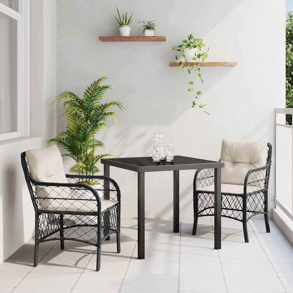 Tuin eettafelset met kussen 3 pcs Zwart poly rattan – afbeelding 1