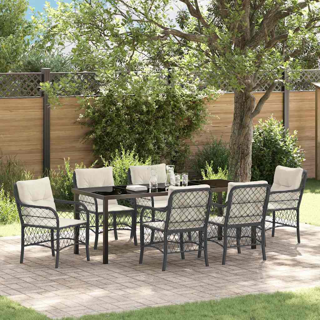 Tuin eettafelset met kussen 7 pcs Zwart poly rattan – afbeelding 1