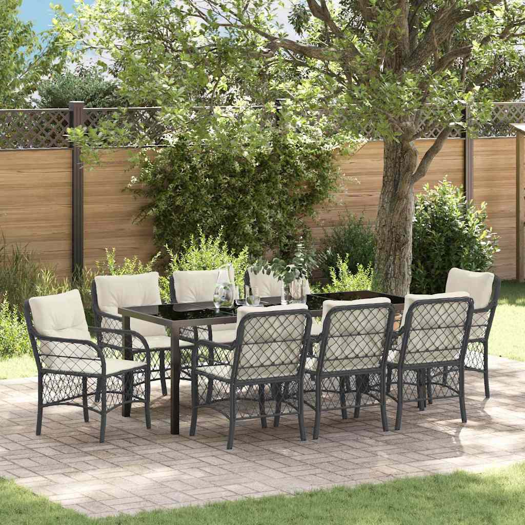 Tuin eettafelset met kussen 9 pcs Zwart poly rattan – afbeelding 1