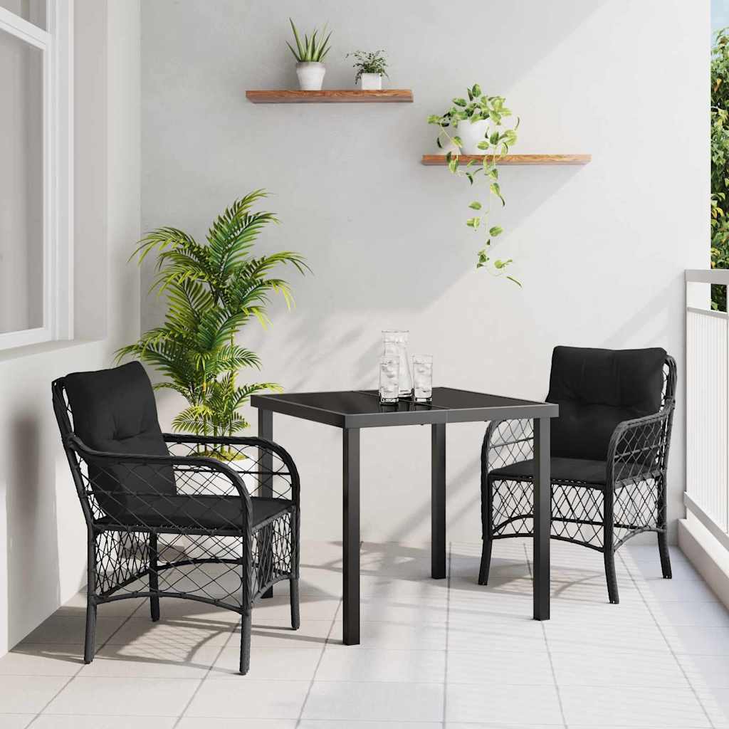 Tuin eettafelset met kussen 3 pcs Zwart poly rattan