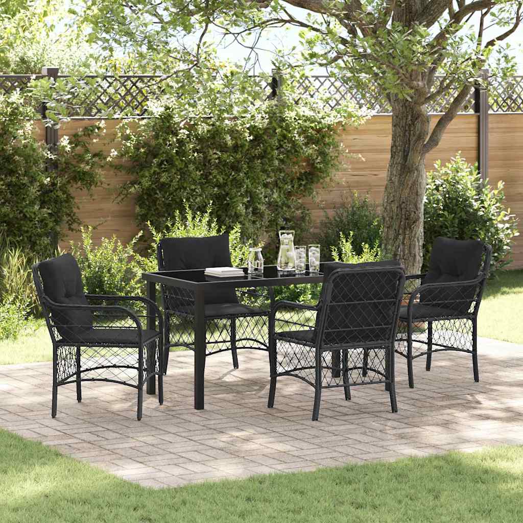 Tuin eettafelset met kussen 5 pcs Zwart poly rattan – afbeelding 1