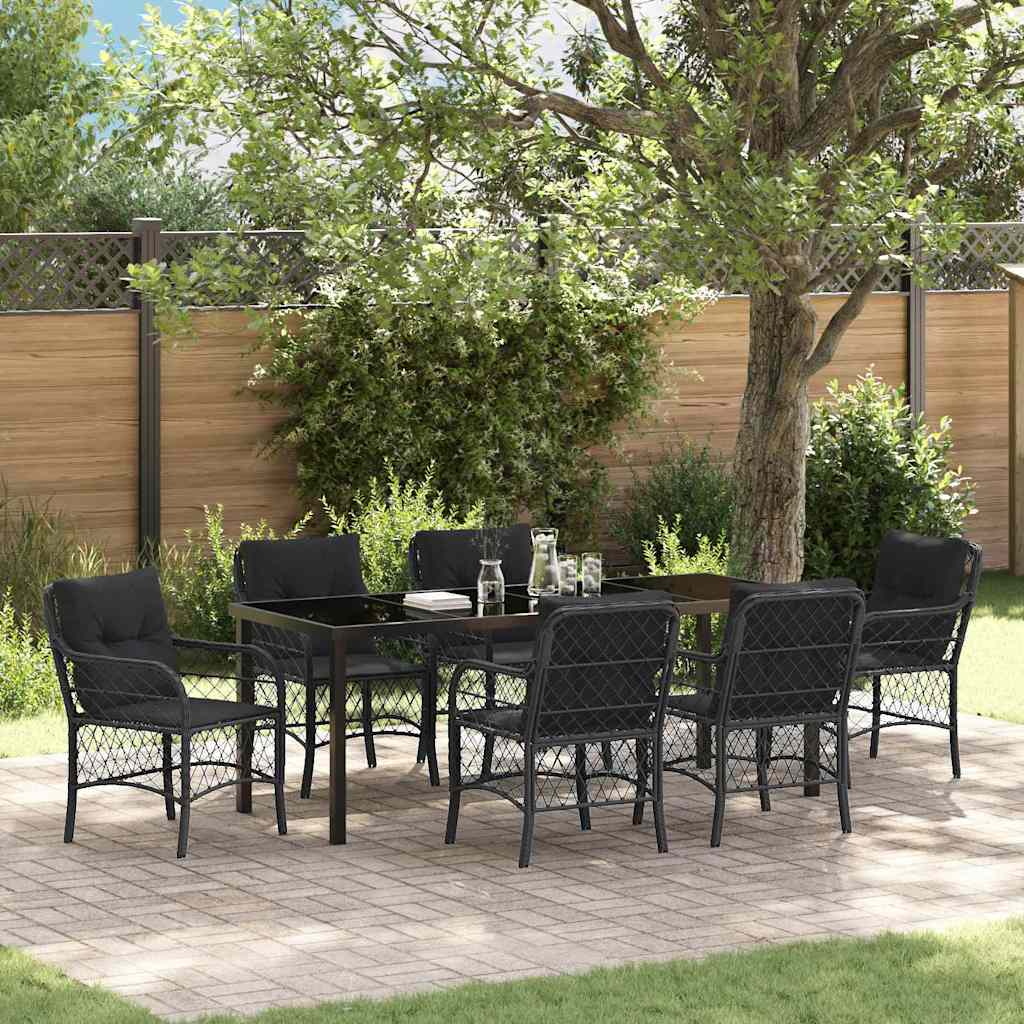 Tuin eettafelset met kussen 7 pcs Zwart poly rattan – afbeelding 1