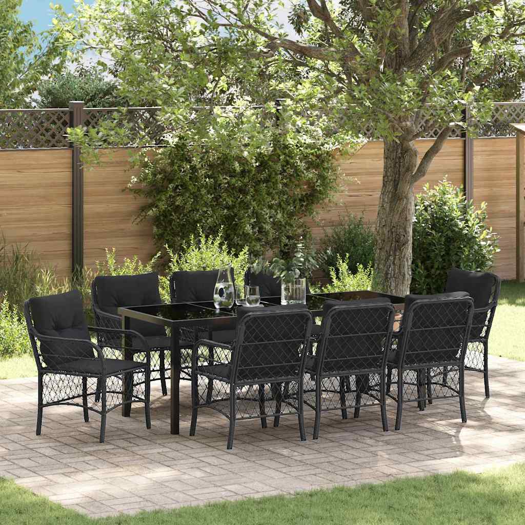 Tuin eettafelset met kussen 9 pcs Zwart poly rattan – afbeelding 1