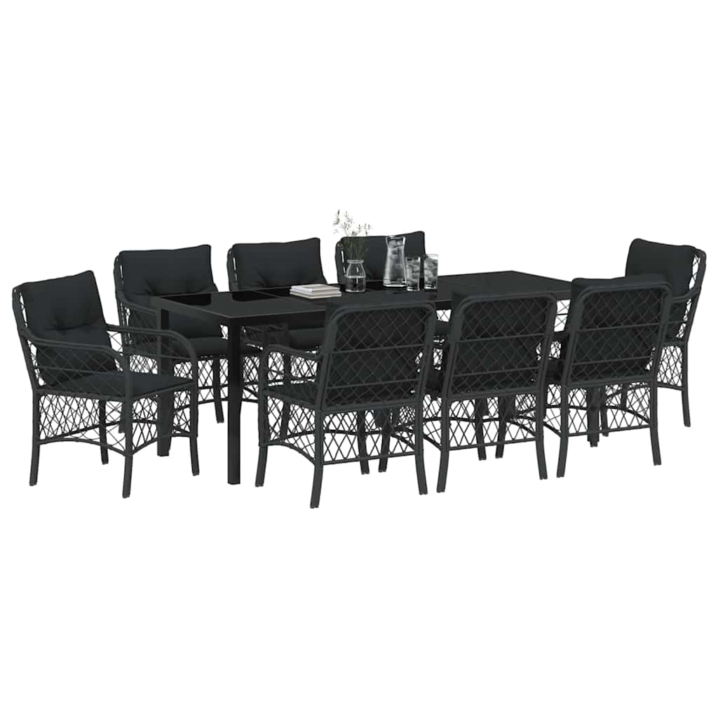 Tuin eettafelset met kussen 9 pcs Zwart poly rattan – afbeelding 3