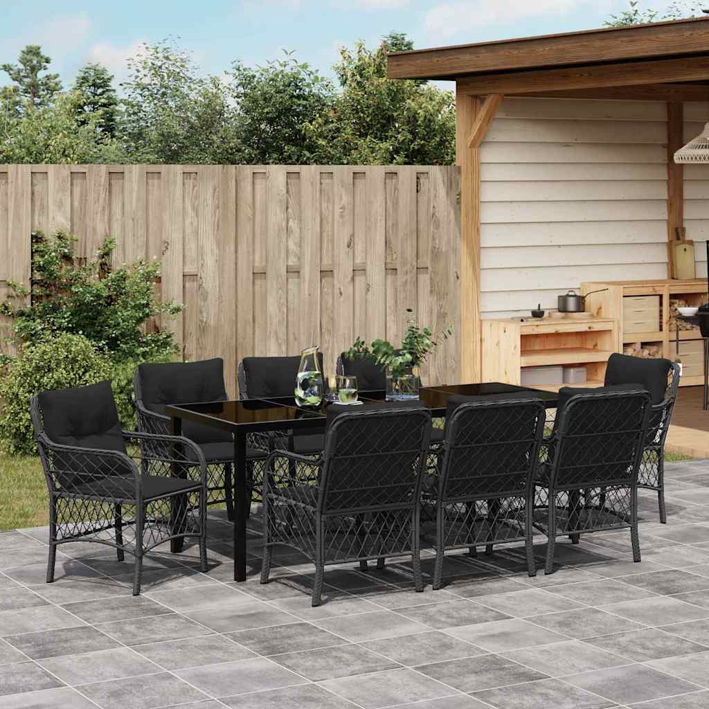 Tuin eettafelset met kussen 9 pcs Zwart poly rattan – afbeelding 4