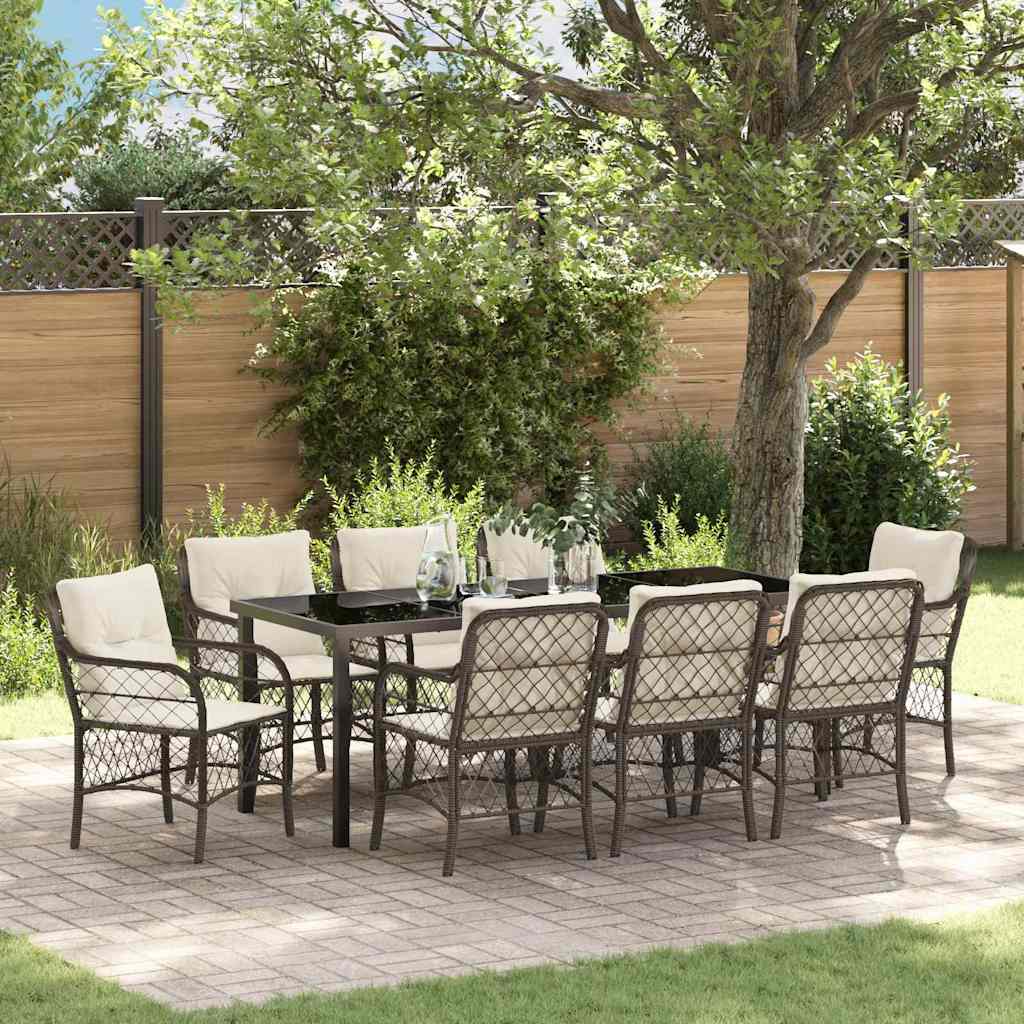 Tuin eettafelset met kussen 9 pcs Bruin poly rattan – afbeelding 1