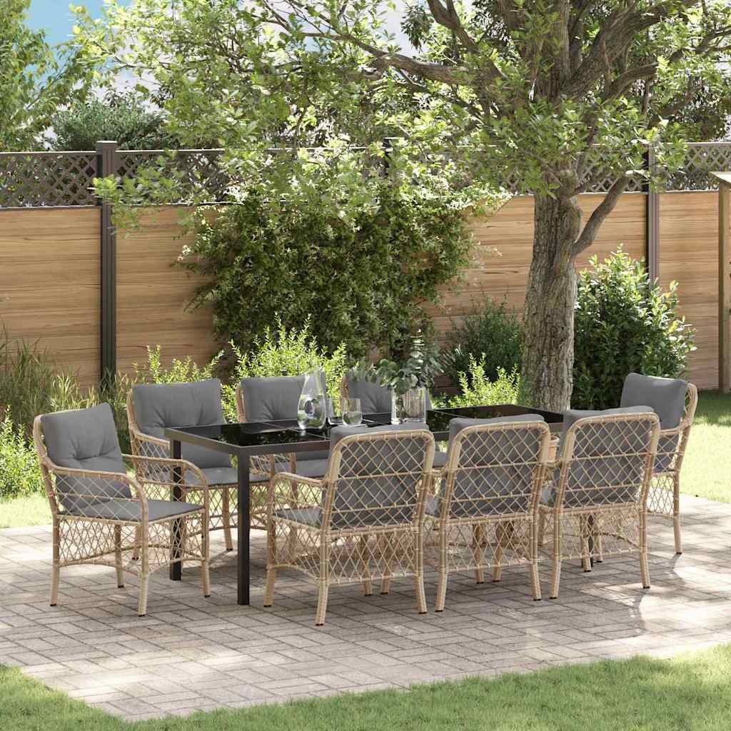 Tuin eettafelset met kussen 9 pcs Beige poly rattan – afbeelding 1