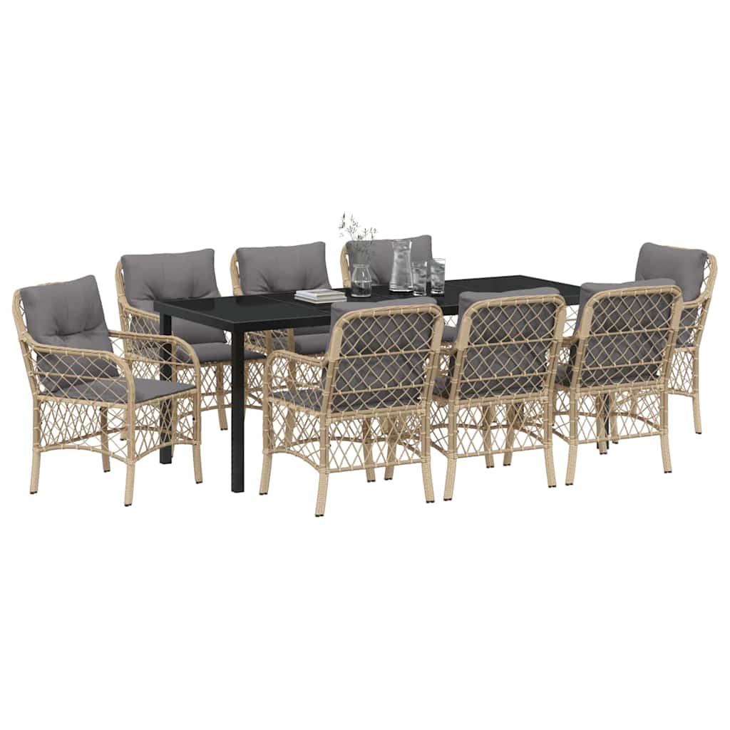 Tuin eettafelset met kussen 9 pcs Beige poly rattan – afbeelding 3