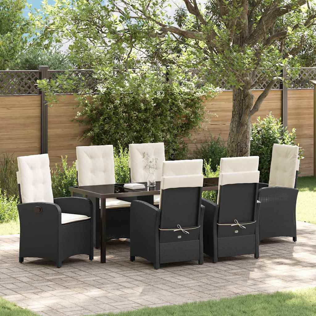 Tuin eettafelset met kussen 7 pcs Zwart poly rattan – afbeelding 1