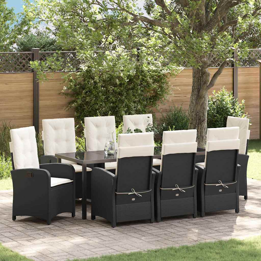 Tuin eettafelset met kussen 9 pcs Zwart poly rattan – afbeelding 1