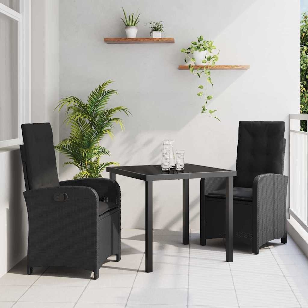 Tuin eettafelset met kussen 3 pcs Zwart poly rattan – afbeelding 1