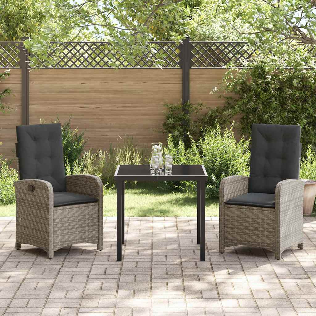 Tuin eettafelset met kussen 3 pcs Grijs poly rattan