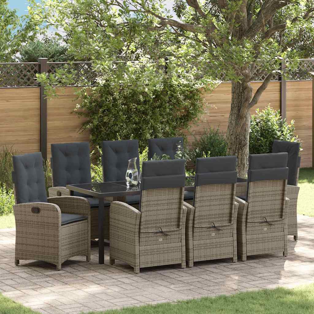 Tuin eettafelset met kussen 9 pcs Grijs poly rattan – afbeelding 1