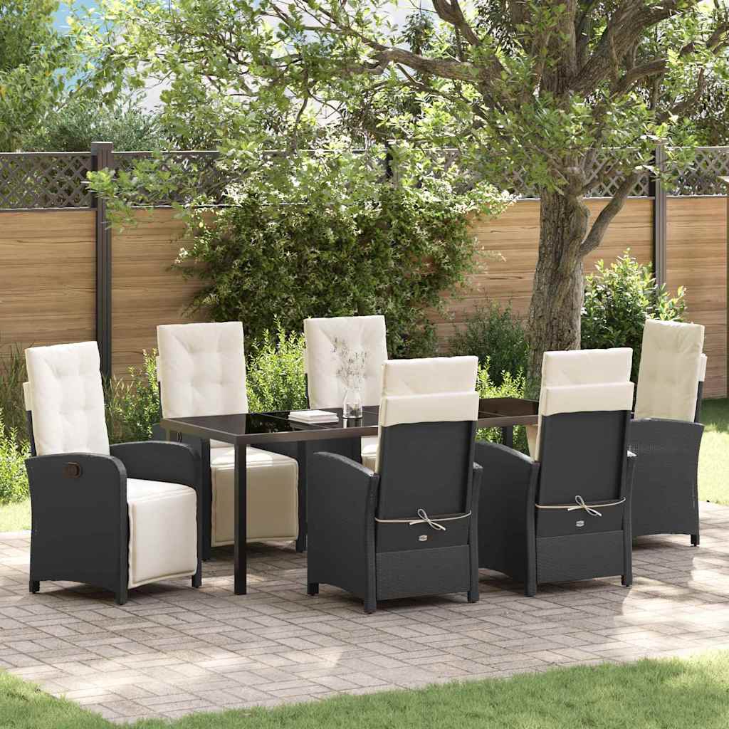 Tuin eettafelset met kussen 7 pcs Zwart poly rattan – afbeelding 1