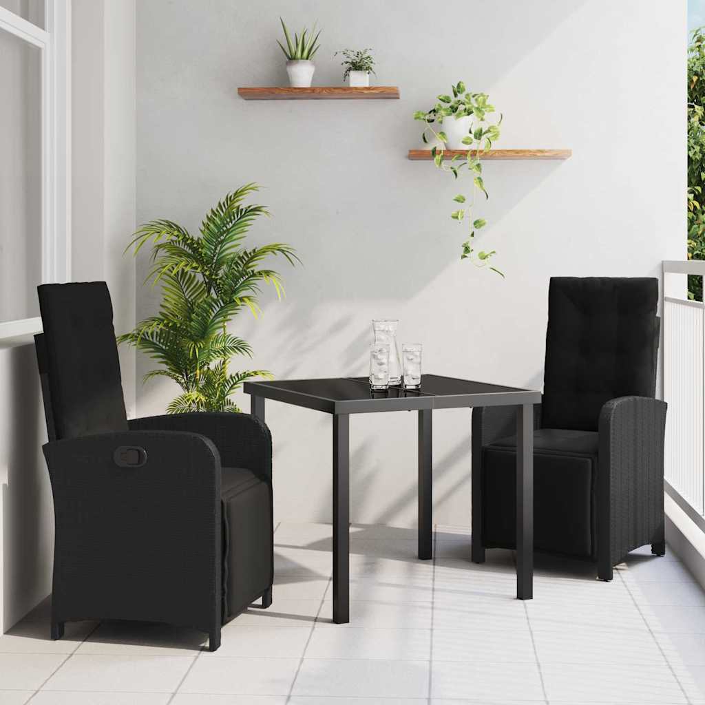Tuin eettafelset met kussen 3 pcs Zwart poly rattan – afbeelding 1