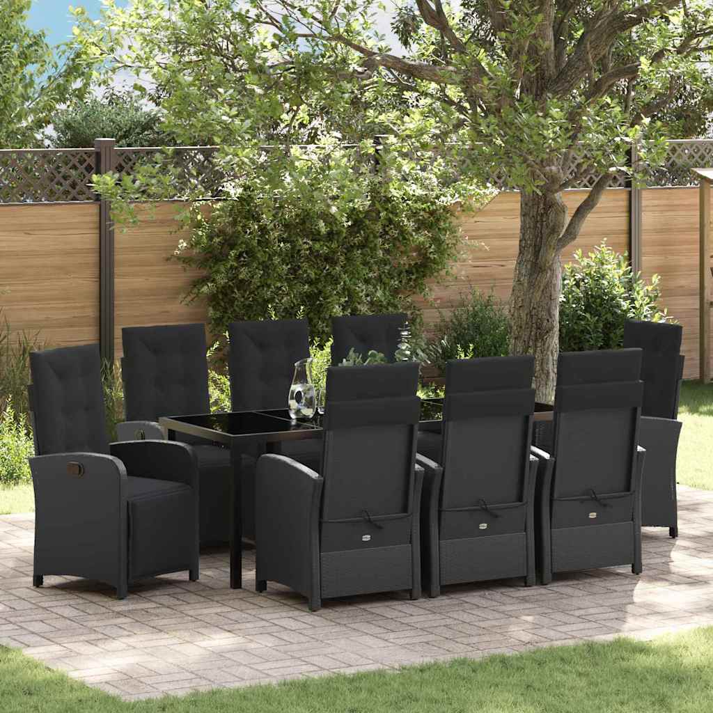 Tuin eettafelset met kussen 9 pcs Zwart poly rattan – afbeelding 1