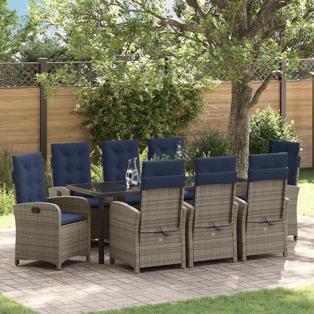 Tuin eettafelset met kussen 9 pcs Grijs poly rattan – afbeelding 1