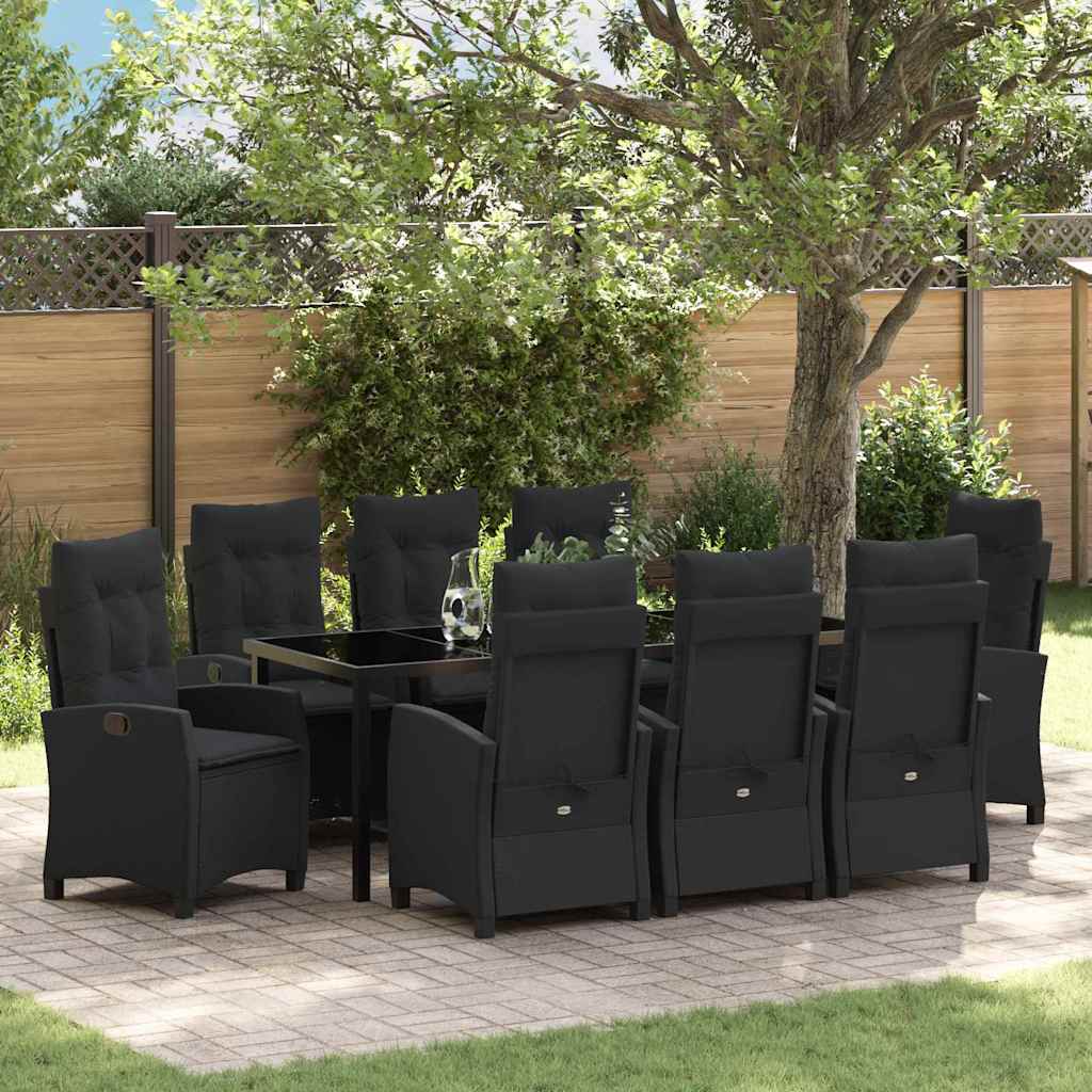 Tuin eettafelset met kussen 9 pcs Zwart poly rattan – afbeelding 1