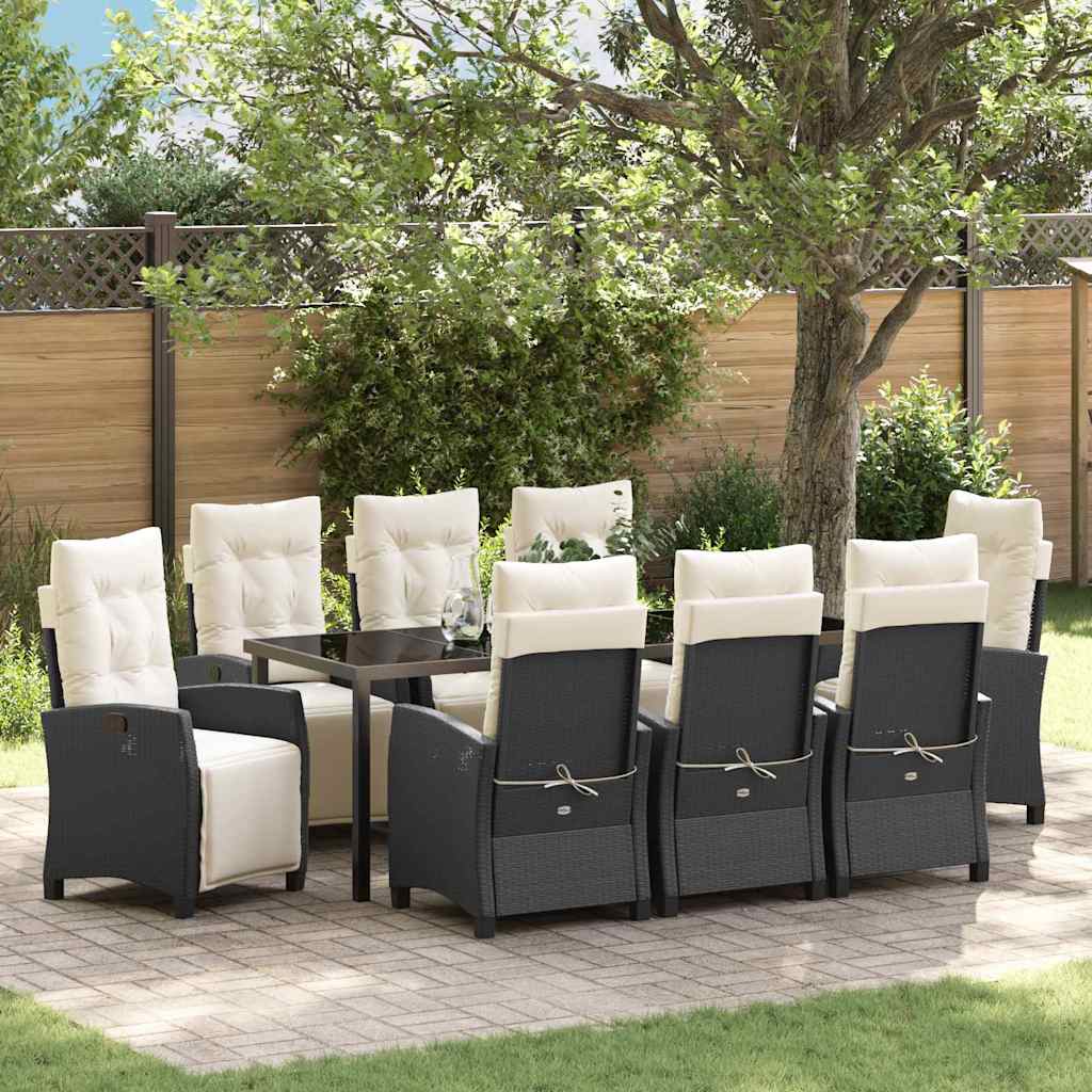 Tuin eettafelset met kussen 9 pcs Zwart poly rattan – afbeelding 1