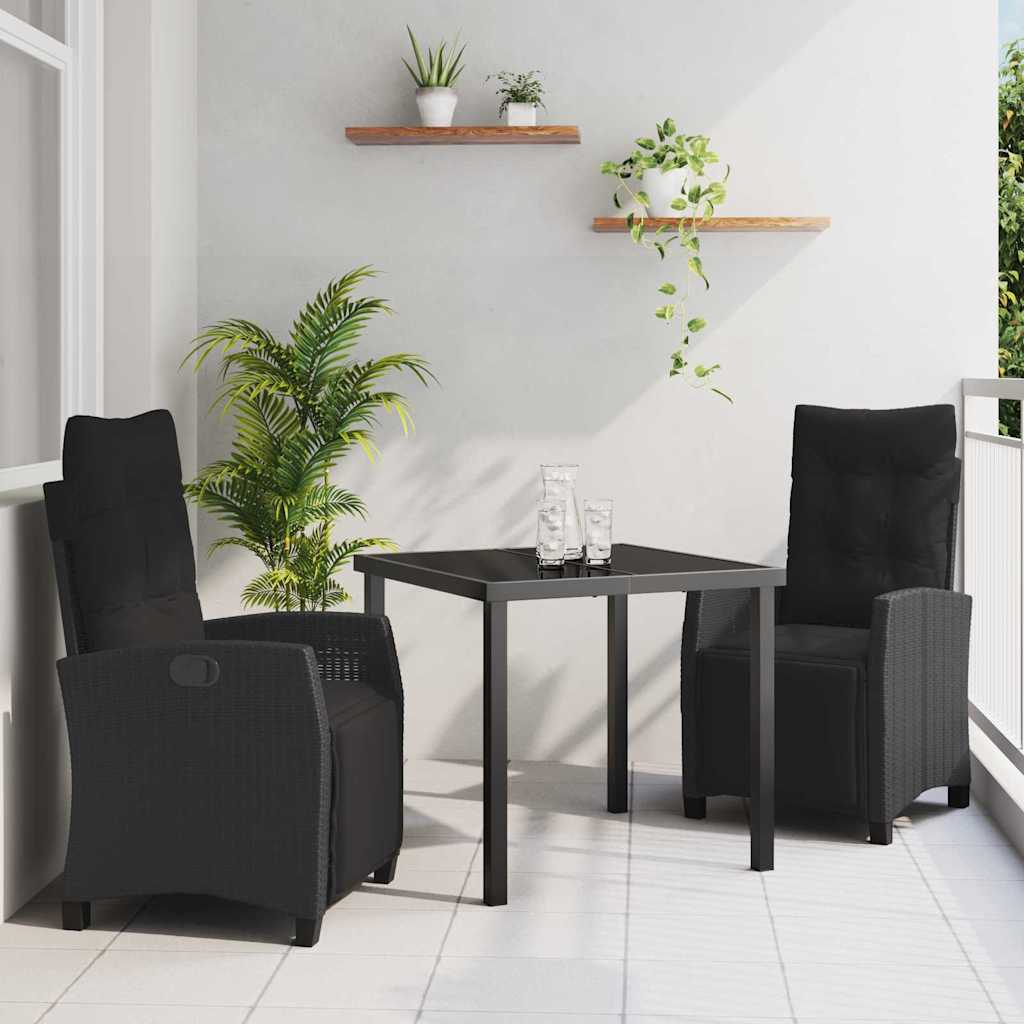 Tuin eettafelset met kussen 3 pcs Zwart poly rattan – afbeelding 1