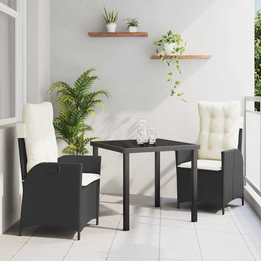Tuin eettafelset met kussen 3 pcs Zwart poly rattan – afbeelding 1