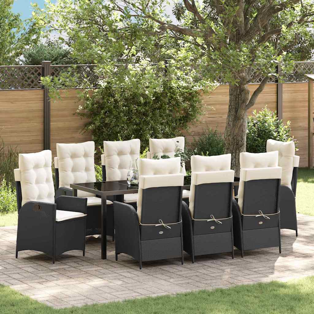 Tuin eettafelset met kussen 9 pcs Zwart poly rattan – afbeelding 1