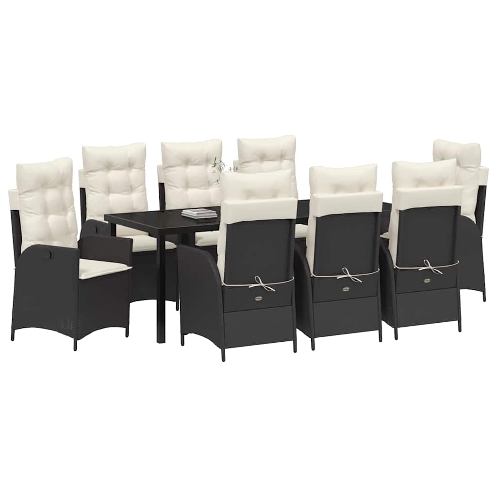 Tuin eettafelset met kussen 9 pcs Zwart poly rattan – afbeelding 3