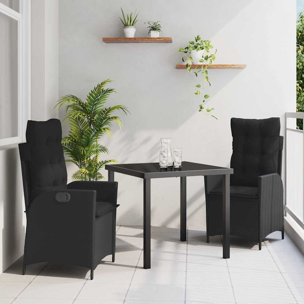 Tuin eettafelset met kussen 3 pcs Zwart poly rattan – afbeelding 1