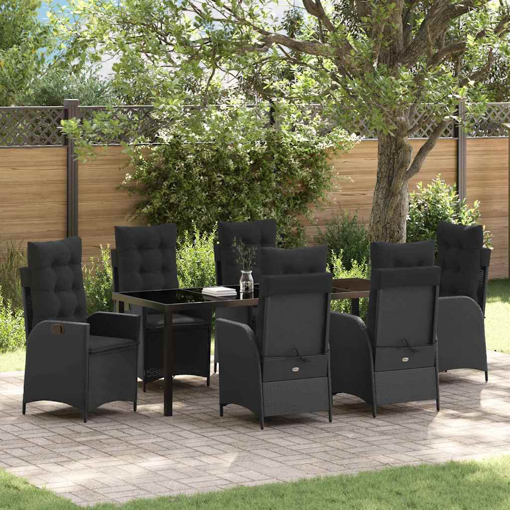 Tuin eettafelset met kussen 7 pcs Zwart poly rattan – afbeelding 1