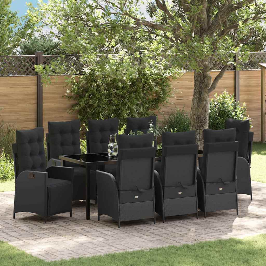 Tuin eettafelset met kussen 9 pcs Zwart poly rattan – afbeelding 1