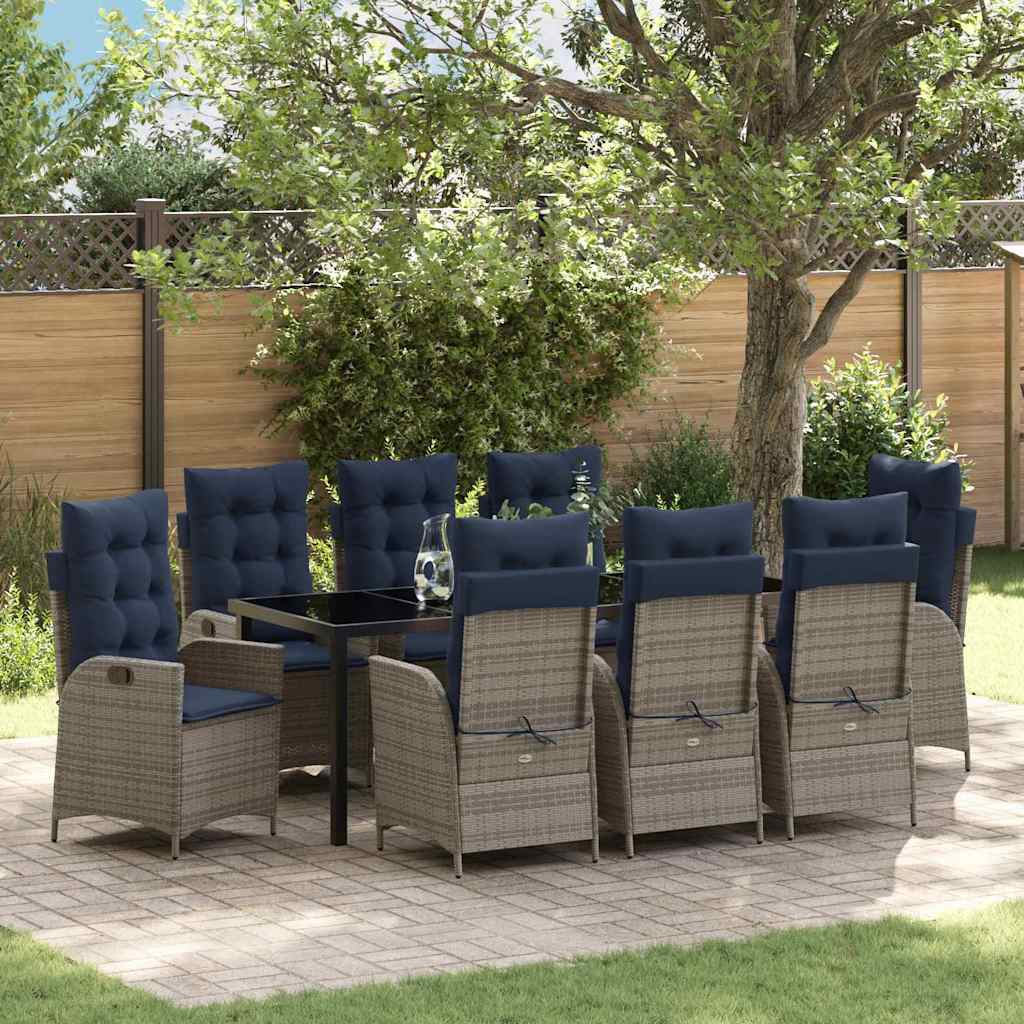 Tuin eettafelset met kussen 9 pcs Grijs en zwart Rattan – afbeelding 1
