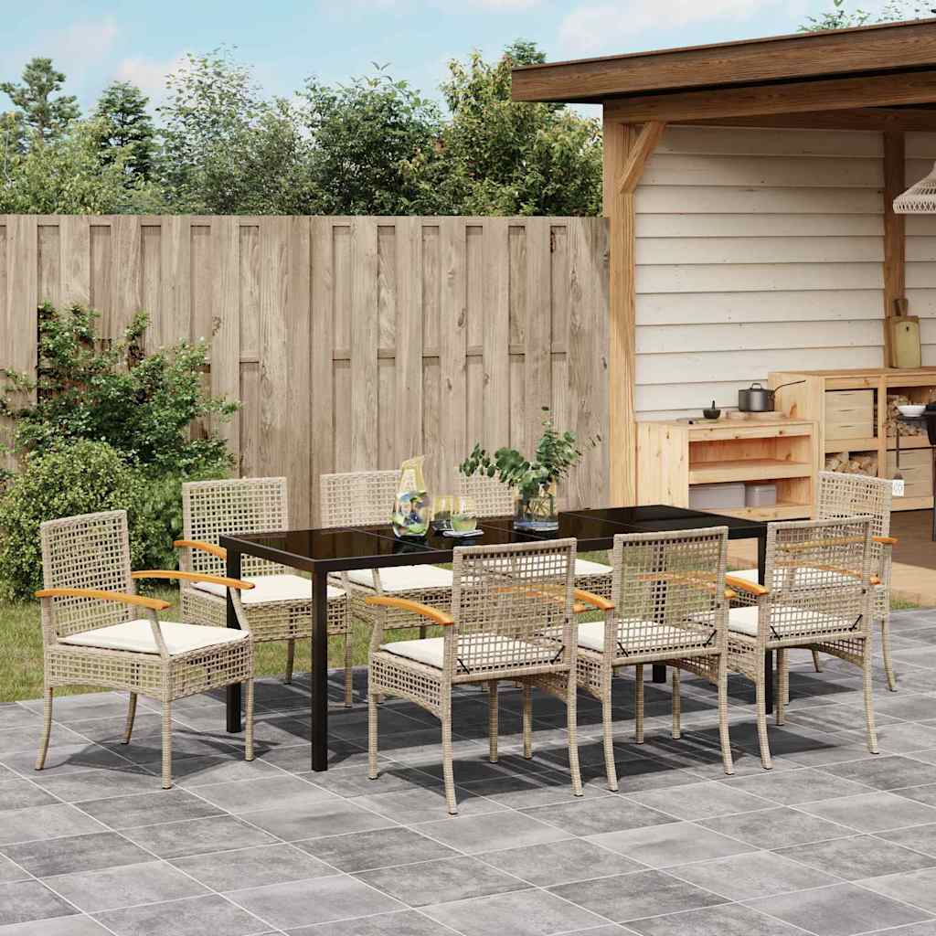 Tuin eettafelset met kussen 9 pcs Beige en zwart Rattan – afbeelding 4