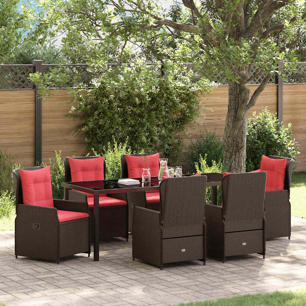 Tuin Eetset met kussen 7 pcs Bruin Poly riet – afbeelding 1