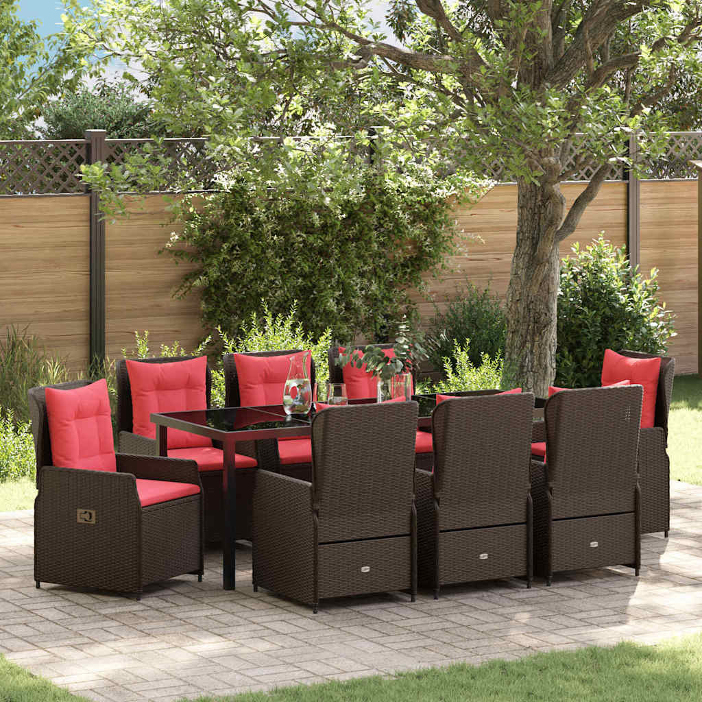 Tuin Eetset met kussen 9 pcs Bruin Poly riet – afbeelding 1