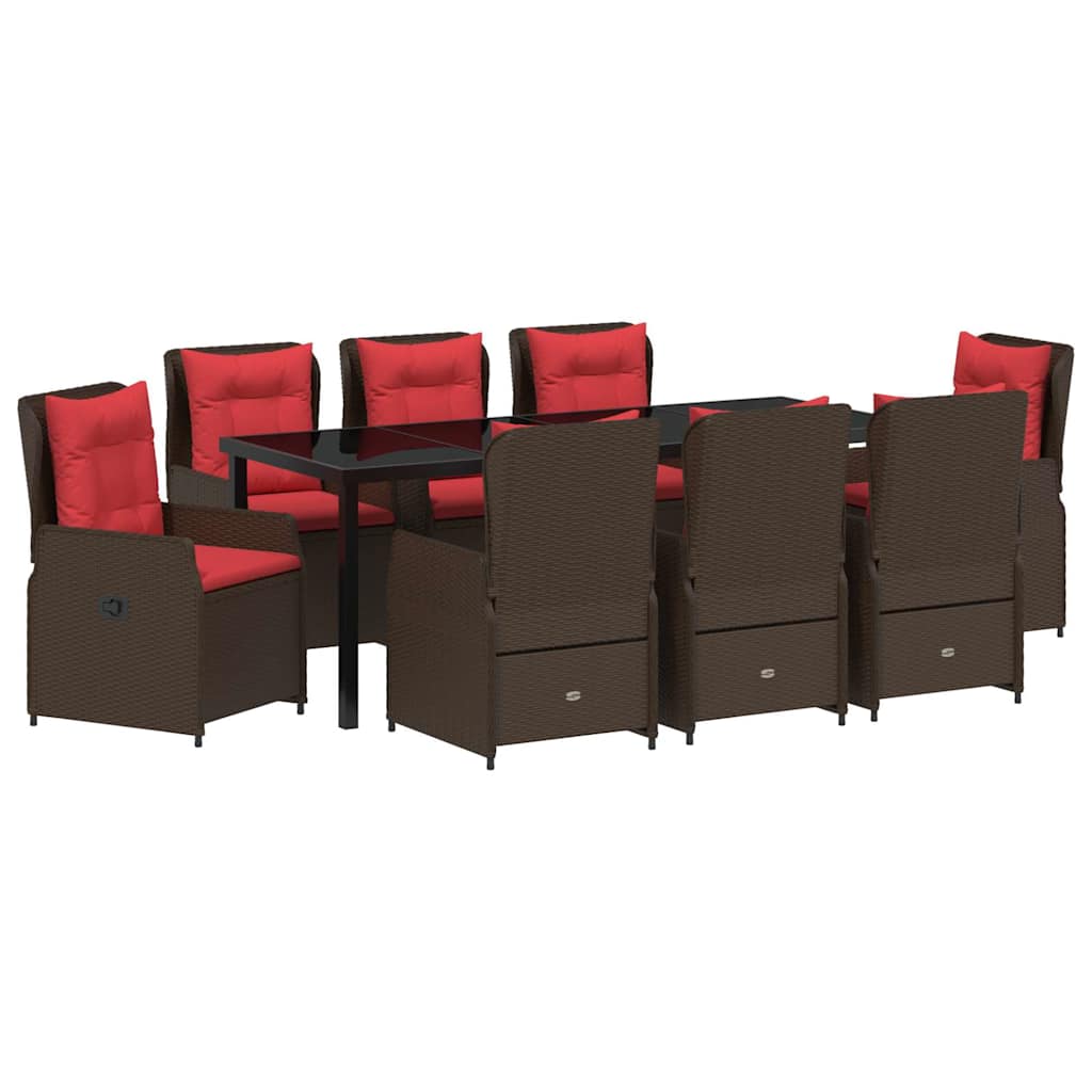 Tuin Eetset met kussen 9 pcs Bruin Poly riet – afbeelding 2