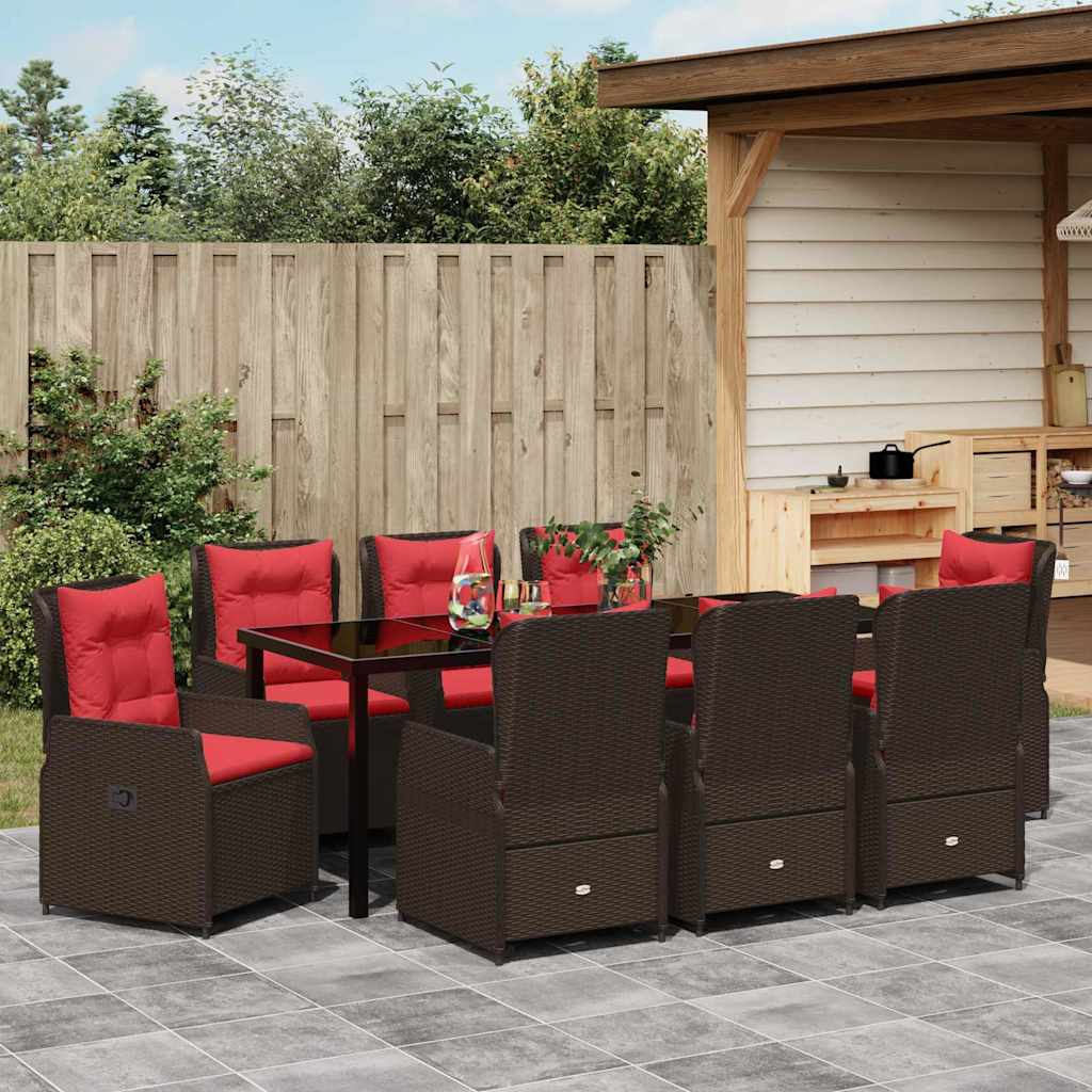 Tuin Eetset met kussen 9 pcs Bruin Poly riet – afbeelding 4