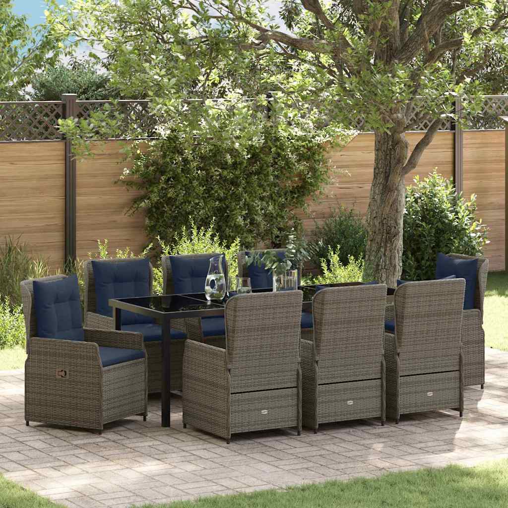 Tuin Eetset met kussen 9 pcs Grijs Poly riet – afbeelding 1