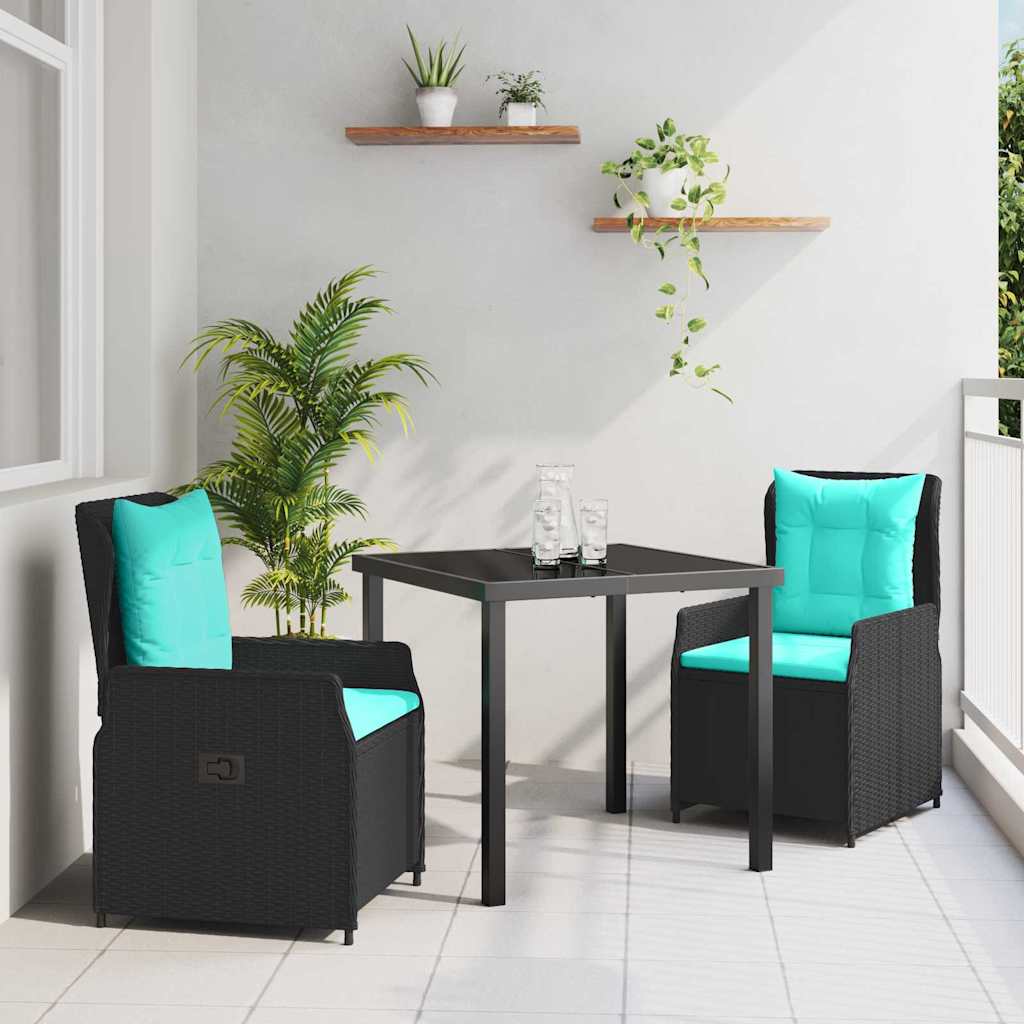 Tuin Eetset met kussen 3 pcs Zwart Poly riet – afbeelding 1