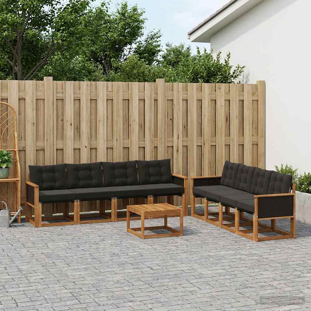 Buiten bankenset met kussen 9 pcs Naturel en Zwart – afbeelding 1