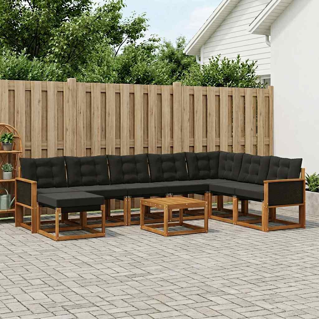 Buiten bankenset met kussen 9 pcs Naturel en Zwart – afbeelding 1
