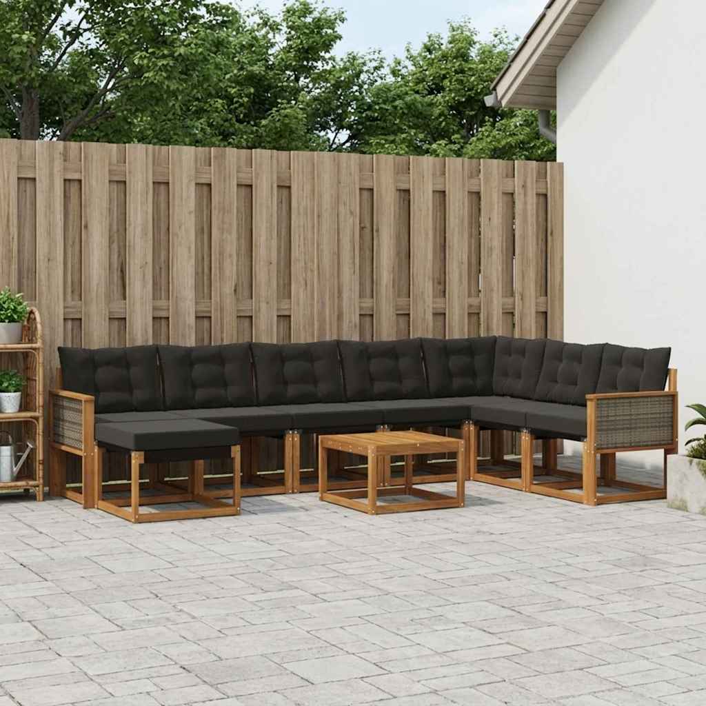 Buiten bankenset met kussen 9 pcs Naturel en Zwart – afbeelding 1