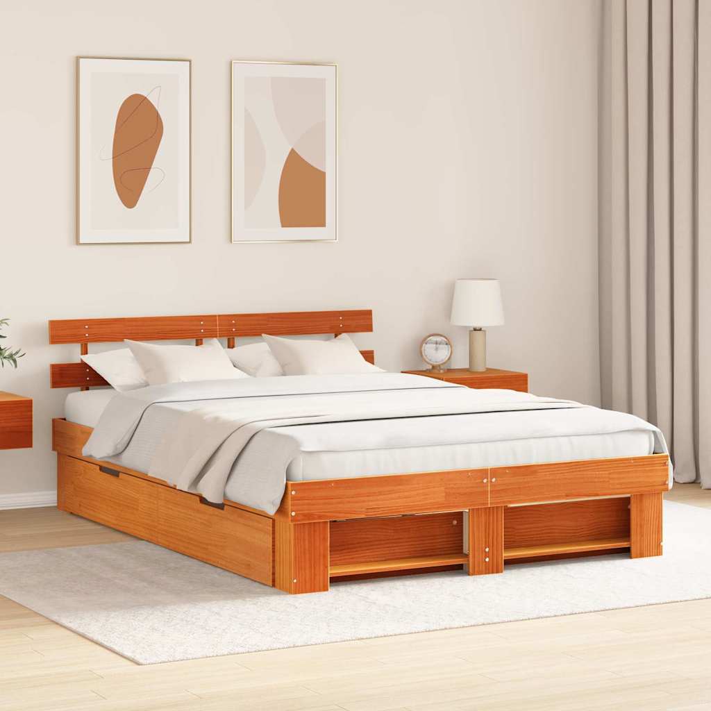 Bedframe met lade Wasbruin 160 x 200 cm Massief grenenhout – afbeelding 1