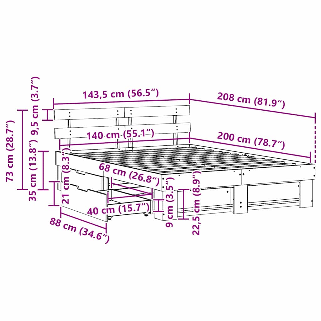 Bedframe met hoofdeinde Wit 140 x 200 cm Massief grenenhout – afbeelding 12