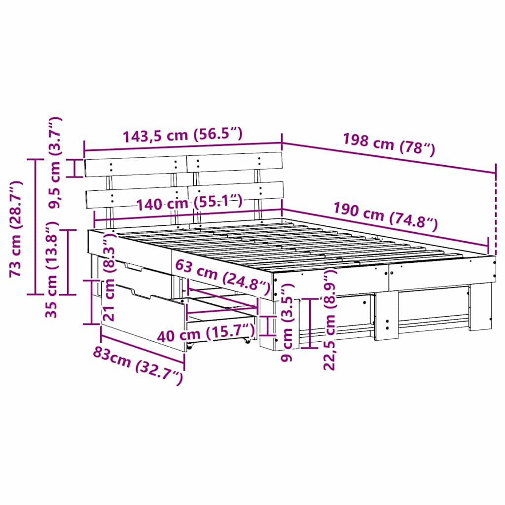 Bedframe met hoofdeinde Wit 140 x 190 cm Massief grenenhout – afbeelding 12