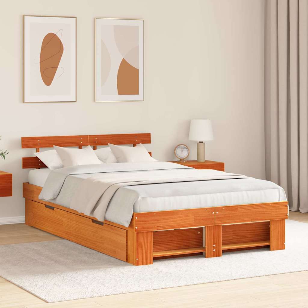 Bedframe met lade Wasbruin 140 x 190 cm Massief grenenhout – afbeelding 1