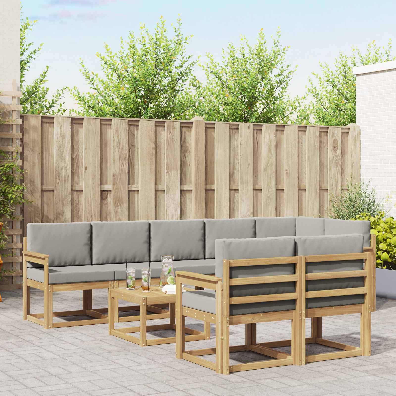 Buiten bankenset met kussen 9 pcs Wit en Lichtgrijs
