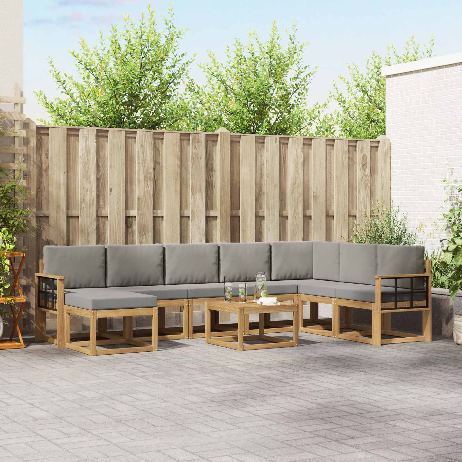 Buiten bankenset met kussen 9 pcs Wit en Lichtgrijs