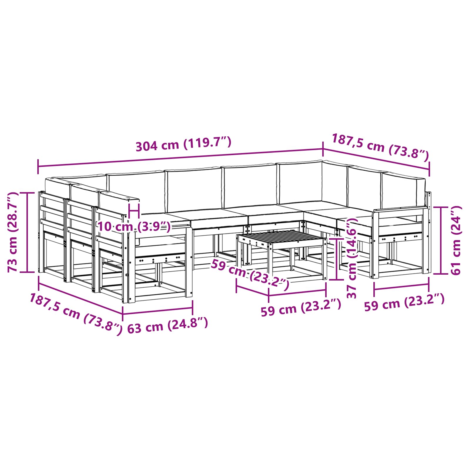 Buiten bankenset 10 pcs Wit en antracietkleurig 59 x 59 x 37 cm – afbeelding 8
