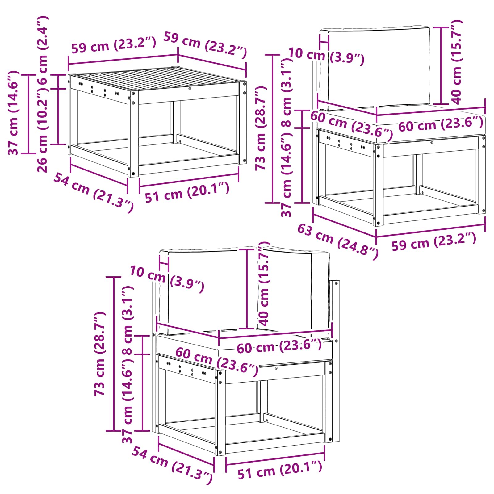 Buiten bankenset 10 pcs Wit en crèmekleurig 59 x 59 x 37 cm – afbeelding 9
